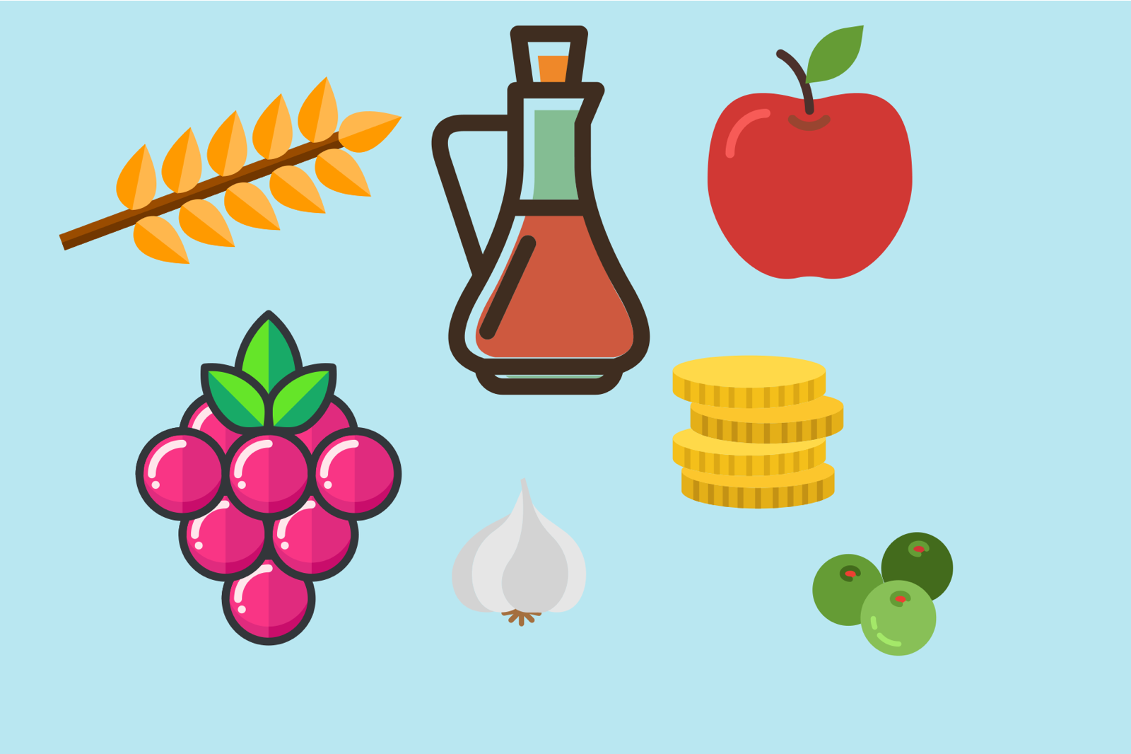 Items part of the Nowruz celebrations include wheat, berries, vinegar, apples, garlic, olives, and various coins. These items, along with others, are placed on the tradition table spread to honor the New Year’s gift of rebirth, health, and prosperity. Images courtesy flaticon.com.