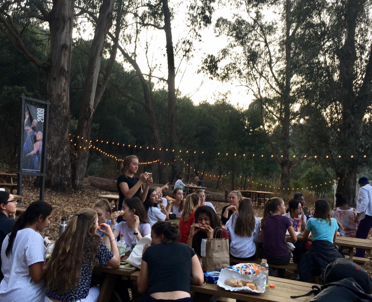 Sophomores gather in the California Shakespeare Theater to watch the evening performance of black odyssey. Black odyssey playwright Marcus Gardley was a finalist for the 2015 Kennedy Prize.