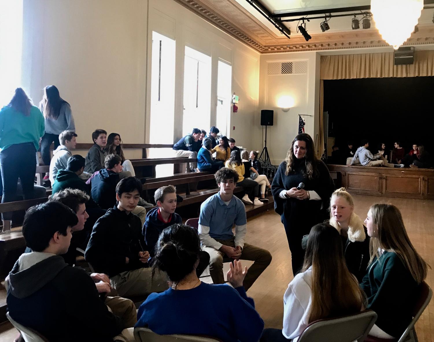 Freshmen gather during lunch in small groups to discuss the Goals & Criteria. In the past, freshmen participated in CORE, a class which focused on bonding as class once a month instead of one straight week.