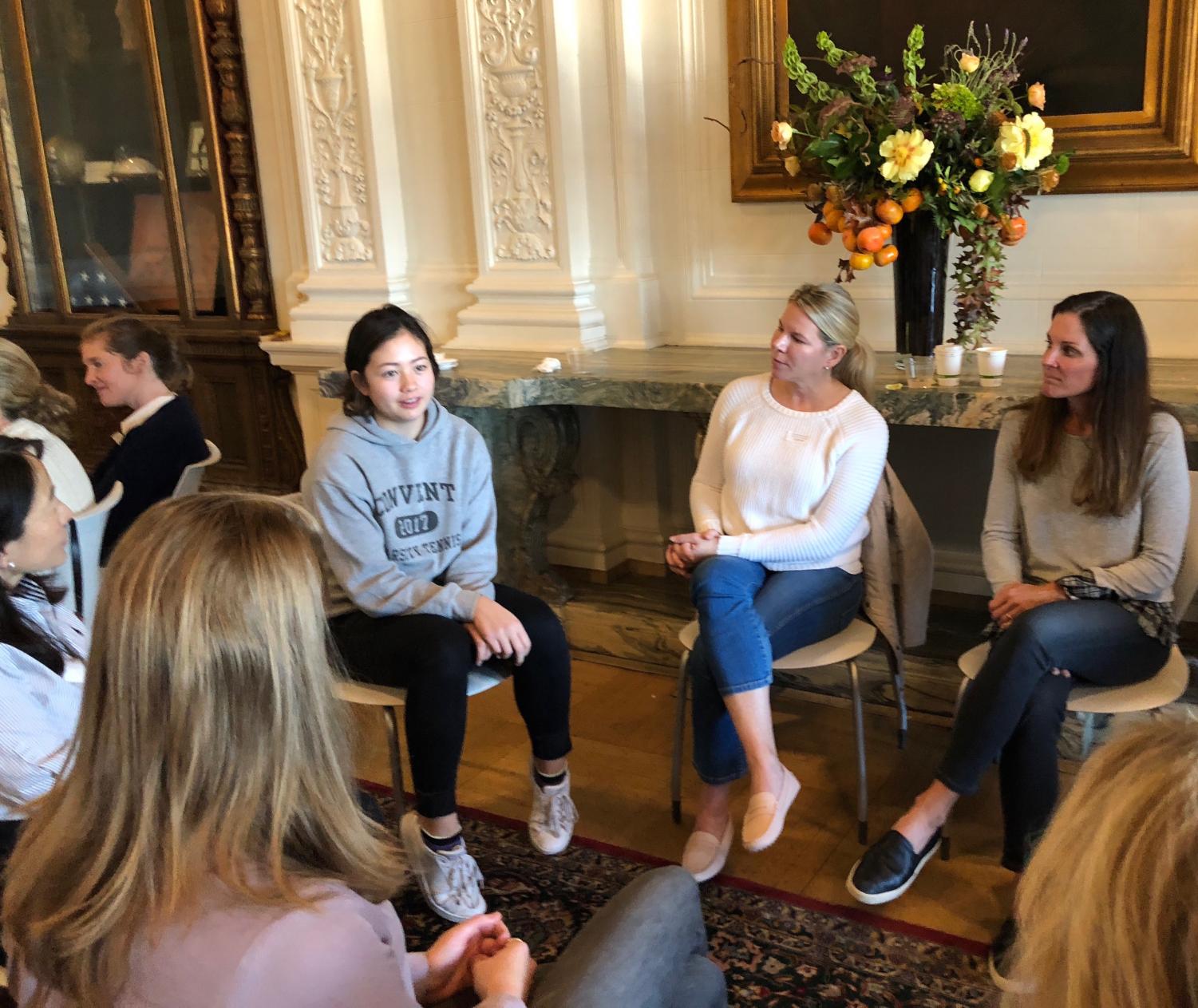 Senior Mason Cooney discusses her experience at Convent with a group of Convent & Stuart Hall parents. The event focused on the Goals and Criteria of Sacred Heart education and spiritual engagement.
