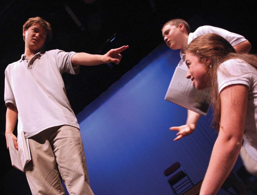  Senior Noel McCann (left) rehearses a scene from Inherit the Wind with junior Christian Gehrke and sophomore Maddie Kelley. Based on the Scopes “Monkey” Trial, the play celebrates the 200th anniversary of the publishing of Charles Darwin’s On the Origin of Species. Performances are scheduled for Nov. 19–21 in the Syufy Theatre.