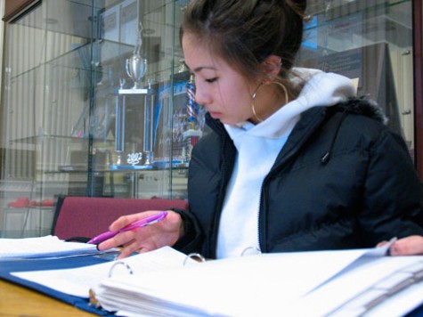 Junior Maya Sycip uses her free period to begin studying for final exams that begin on Monday. Students will have a four-day weekend after exams ending Thursday afternoon.