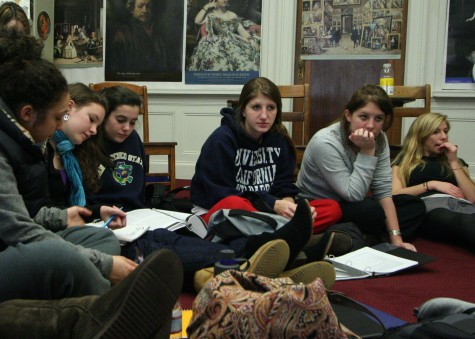 Seniors Amanda Aish, Caitie Sullivan, Rebecca Halloran, Charolette Kiaie and Alexis Otellini (left to right) listen to a lecture in their Women Studies course. They are currently learning about the definition of beauty, and the way that society perceives women. The class is one of the most popular among upperclassmen, with 28 seniors enrolled.