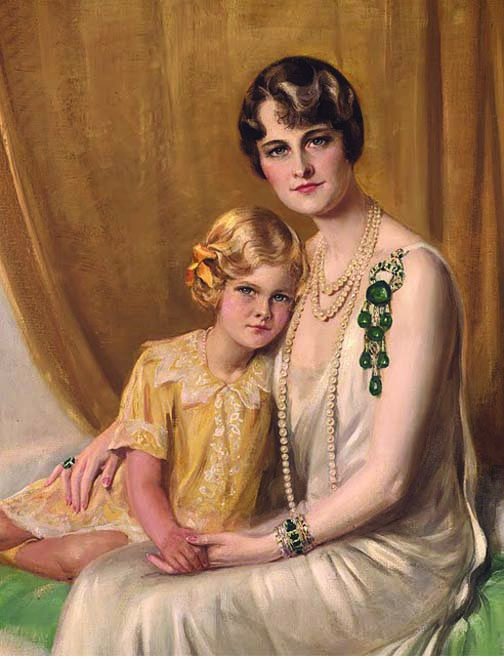 “The Portrait of Marjorie Merriweather Post and Her Daughter” by Giulio de Blaas features Post wearing the Cartier pendant brooch featuring Indian-carved emeralds and diamonds, and created for the American socialite and founder of General Foods, Inc. in 1928