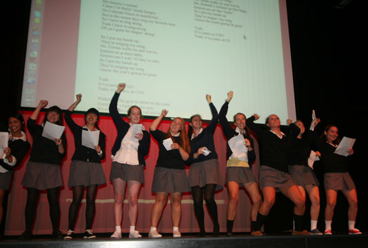 Student body officers Elena Dudum (left to right), Chloe Look, Angela Tam, Juliet Charnas, Katie Carlson, Shannon McInerny, India Pierce, Bridgette Hanely and Elizabeth Leighton perform a verison of Miley Cyruss Party in the USA, they dubbed Party at CSH. The song highlighted running between classs, the Senior Classs privilege of wearing navy blue and constant trips to Mayflower Deli as classic parts of Convent life. 