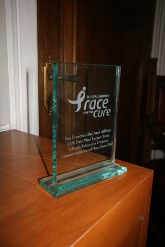 A trophy from Race for the Cure is displayed outside of the Mother Williams Library. SOPHIA REDFERN | The Broadview