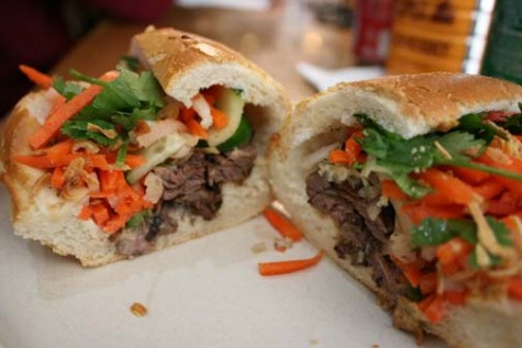 The Juicy Steak bahn mi has carrots, daikon, parsley and cucumbers and steak slices hidden behind the vegetation, so it does not fall out as easily when eaten. ALICE JONES | The Broadview