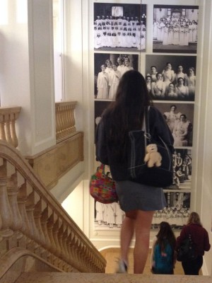 Alice Jones/The Broadview RISING UP: Students walk down the stairs from the Center to the second floor sporting the uniform skirt that has sparked debate due to the rising hem lines.