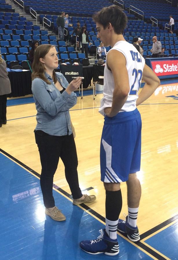 Claire Fahy (’13) interviews UCLA Bruins outside volleyball hitter Gonzalo Quiroga for a story she was writing for the Daily Bruin.