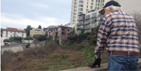 Cow Hollow resident Udo, who declined to give his last name, walks up Larkin street to get a view of the bay. The Reservoir on Larkin street will be renovated within the next three years and the new park opens in 2018.