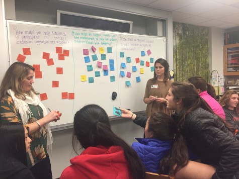 Sophomore Ally Arora pitches an idea during the brainstorm phase of the Design Thinking program. Students designed and presented protypes with the goal of preparing middle schoolers for success in high school.  
