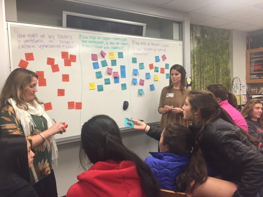 Sophomore Ally Arora pitches an idea during the brainstorm phase of the Design Thinking program. Students designed and presented protypes with the goal of preparing middle schoolers for success in high school.  