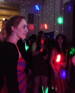 Sophomore Bella Maestas dances with friends in the Main Hall during the winter-themed event.