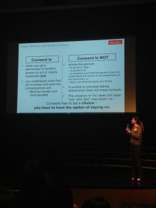 Carrie LeRoy, intellectual property transactions council member at Skadden, speaks to the student body about how to give consent and handle a situation of sexual assault. 
