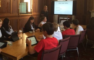 Venture capitalist Sonja Perkins speaks to seventh and eighth graders about preparing the pitches they will deliver tomorrow to a panel of outside groups. The majority of applicants were seventh and eight graders from Convent Elementary School and Stuart Hall for Boys.