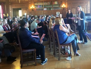 Head of School Rachel Simpson addresses senior families during a meeting about the week.