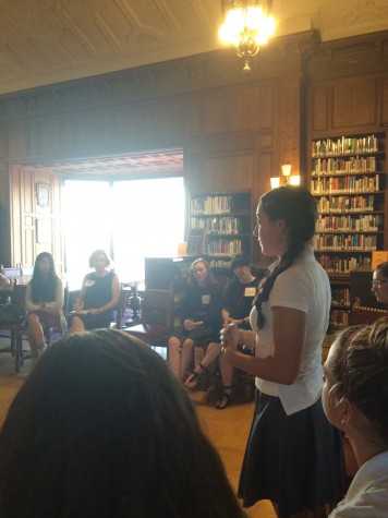 Ambassador and junior Bella Kearney introduces herself to potential students and their parents, speaking about her school exchange experience in Sydney, Australia, before a discussion about Convent student life with other panelists during the Admissions Information Night. /LL