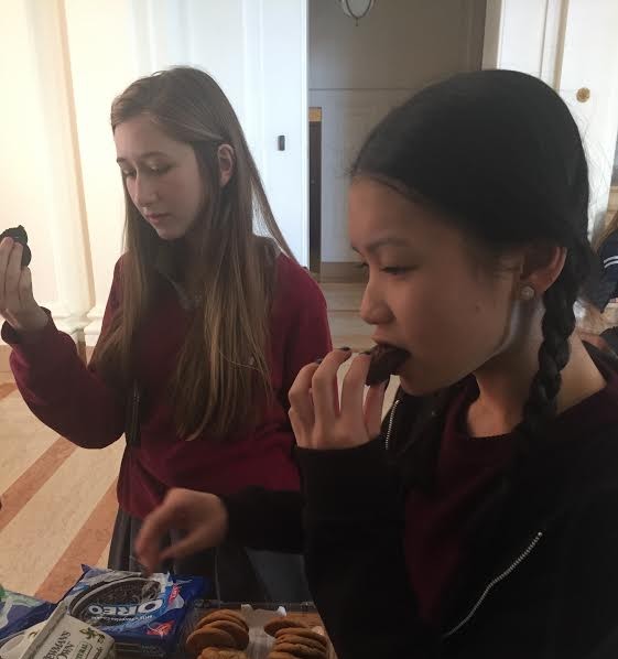 Sophomores Ava Jones and Jilan Powers enjoy sweets from the bake sale held in the Main Hall during lunch today.