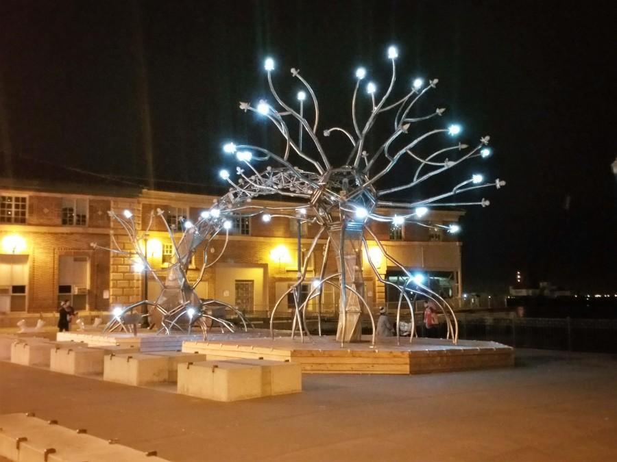 The temporary installation Soma at Pier 14 on Mission Street. Its lights turn on daily 10 minutes after sunset and stay lit until 2 a.m. The piece, created by Flaming Lotus Girls in 2009, represents the cell body of a neuron with branching dendrites, extensions of a nerve cell.