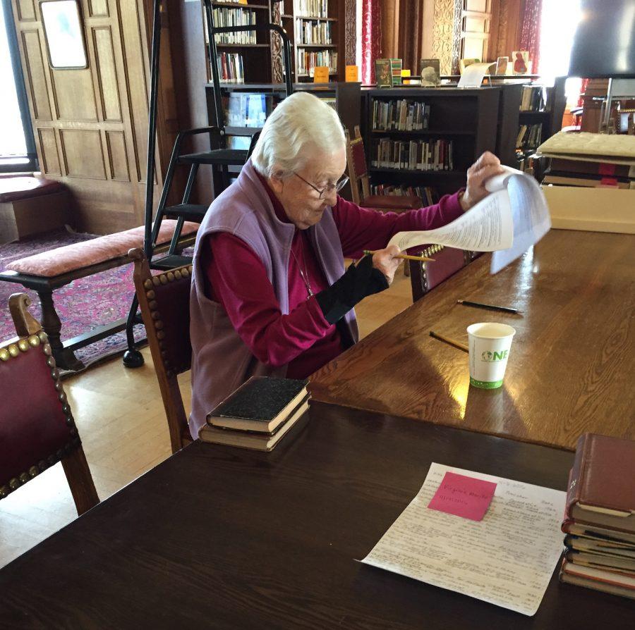 Sister Mary Mardel, RSCJ reviews the Archives in the Mother Williams Library. The Archives contain information dating back to 1887.
