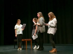 (From left) Junior Ariana Davidis, Sophomore Delaney Tobin, Junior Francesca Petruzzelli and Sophomore Sophie Egan act out a scene from the play for their group audition piece.