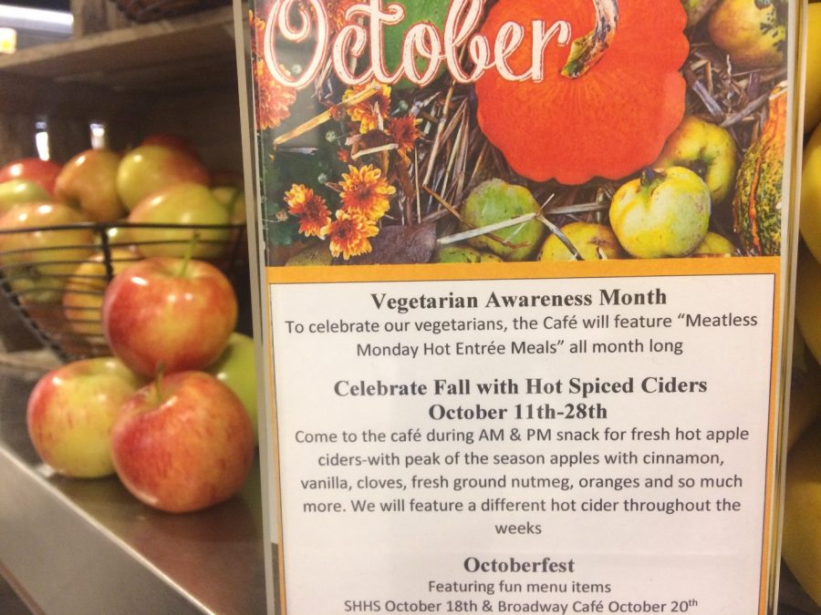 Flyers in cafeteria help promote Vegetarian Awareness Month. This year the chefs started Meatless Mondays as an act of awareness. 