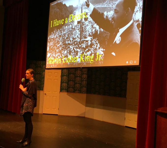 Head of School Rachel Simpson introduces a video of Martin Luther King Jr.’s “I Have a Dream” speech at assembly. As part of today’s assembly, students were asked to listen and reflect on the words in the speech.