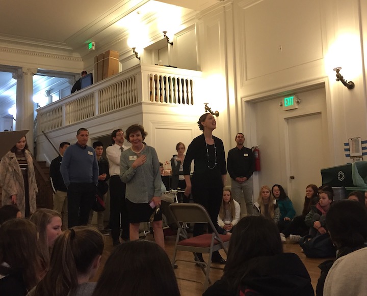 President Ann Marie Krejcarek and Head of School Rachel Simpson speak to the student body about yesterdays water damage. Simpson called the incident preventable and a learning opportunity, but emphasized that pointing fingers will not help the situation at all. 