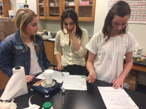 Sophomores Caroline Schulberg, Riley Kramer and Emma Hubbard conduct a chemistry lab. The experiment was about water and ice and the change of temperature.