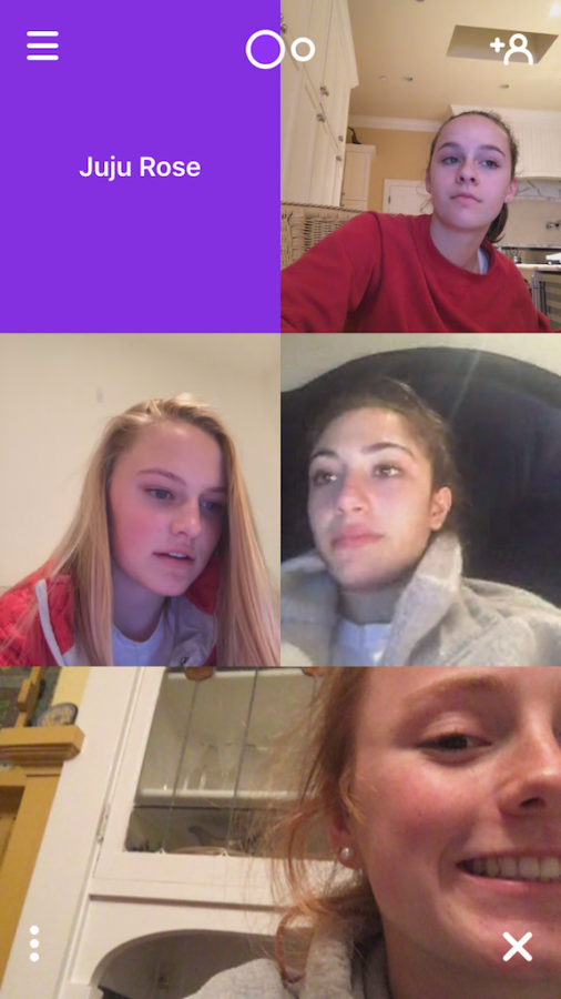 Sophomores Natalie Barnes, Abby Anderson, Sofia Pirri and Cece Giarmin en a four-way houseparty and wait for others to join. The social networking app, which allows up to eight users to video chat at once while waving at others, premiered in August 2016.