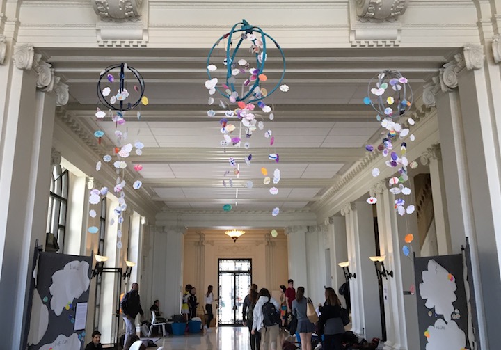 Art installation Commitments to the Earth From Above hangs in the main hall, and was installed to coincide with Earth Day (April 22). Sophomore art students facilitated the project, and includes contributions from the four-school community.