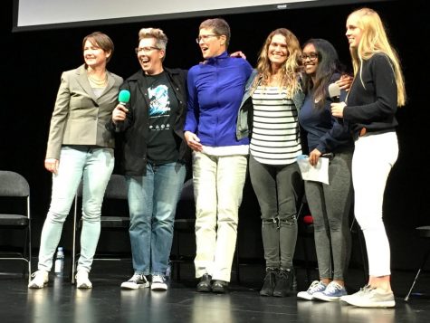 Director of It Aint Pretty Dayla Soul (second from left) poses with the cast of the film, Surf Club head Jemima Scott and Edna Tesfaye after a Q & A session with the cast. The panel followed a screening of the film and a musical performance by sophomore Sophie Egan.
