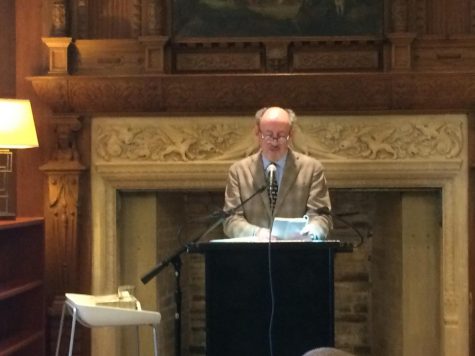 Former U.S. Poet Laureate Billy Collins reads a selection of his work at an evening event for the school community. Collins, famous for his simple poems with gentle critiques of everyday life, visited campus today.