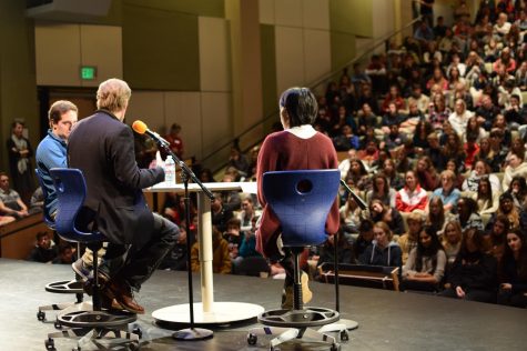 George Saunders answers a question from Stuart Hall senior Seth Eislund. Saunders also read a passage from his story, Victory Lap.