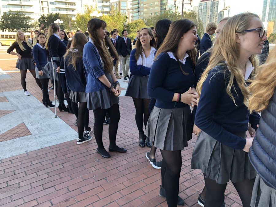 Seniors wearing navy blue sweaters line up in full dress uniform. Navy is always worn by seniors for full dress uniform, but after this year it will no longer be a dress code rule.