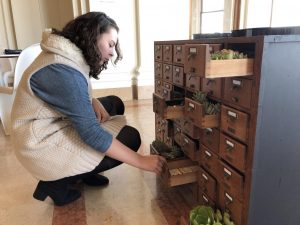 Sophomore Dena Silver looks inside the drawers of the Bardo. The art piece will stay in the Belvedere until the end of the book fair. 