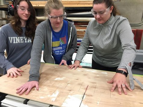 Seniors Natalie Lunbeck, Lizzie Bruce and Francesca Petruzzelli cut a piece of wood to make a robot using a table saw. The robot will serve as the Innobotics Club mascot.