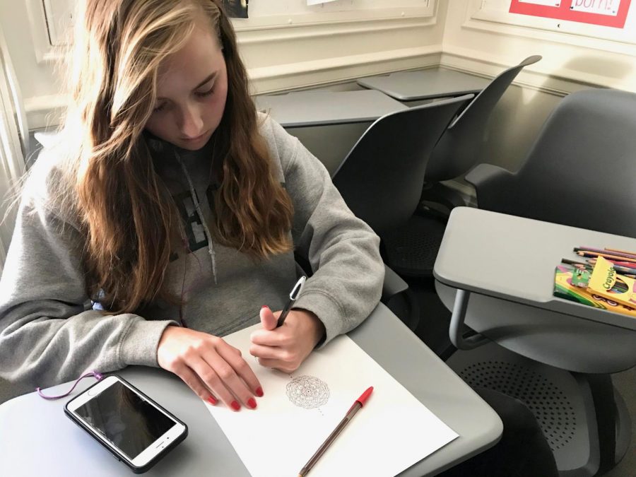 Sophomore Elsa Hagstrom draws a mandala during her World Religions class. Students learned about Buddhism and the use of art meditation prior to the mandala drawing class.