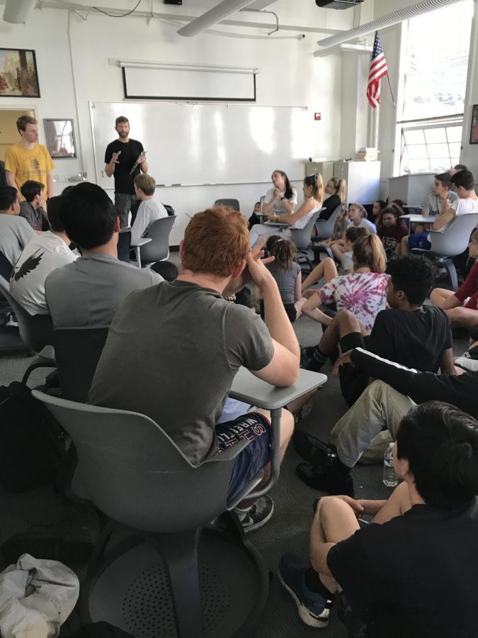 Runners meet in room 208 to discuss their season ahead. Practices will move from Convent, Stuart Hall, Kezar Stadium and other locations throughout the season.  
