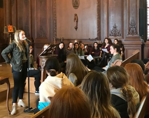 Junior Caroline Schulberg gives her speech to the students and teachers in the Chapel during elections today. Candidates ran for President, Vice President, Financial Officer and Operations Officer.