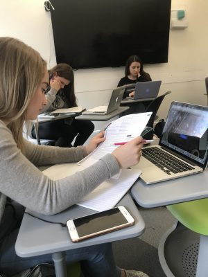 Junior Caroline Schulberg works on her individual cultural topic during class time. Students had the option of either reading a Spanish novel or researching a cultural topic, the majority chose to research. 