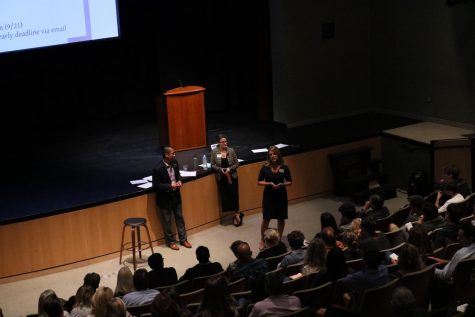 College Counselors Cesar Guerrero, Rebecca Munda and college counseling associate Kelly Whalen address the Senior Class during a college information session. The counselors talked to students and their families about how to stay on track during the college application process and what resources and support they will receive. 