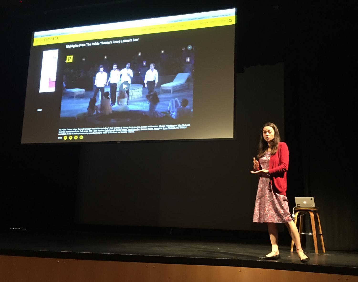 Theater Program Director Margaret Hee debriefs a video showing an example of contemporary theater in the Syufy Theatre. Students interested in participating in the fall play watched these videos and discussed the fall production, Metamorphoses.