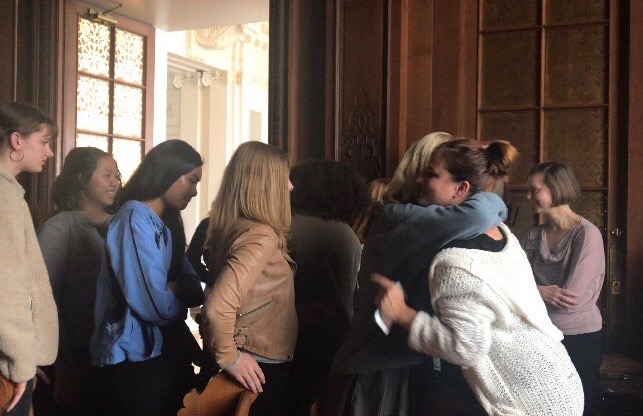 Students line up to hug Academic Support Director Betsy Pfeiffer on her last day at the school. Pfeiffer has worked at Convenf High School since 2014 and will continue to work with the school until the end of the year. 