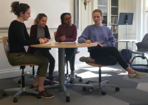 Sophomores Audrey Scott, Gabi Guido, Saron Asfaw, and Sadie Kahn present a skit about migrant caravans in character from the point of view of famous philosophers. The skits helped develop an understanding of both the students’ chosen philosophers and current issues around them. 