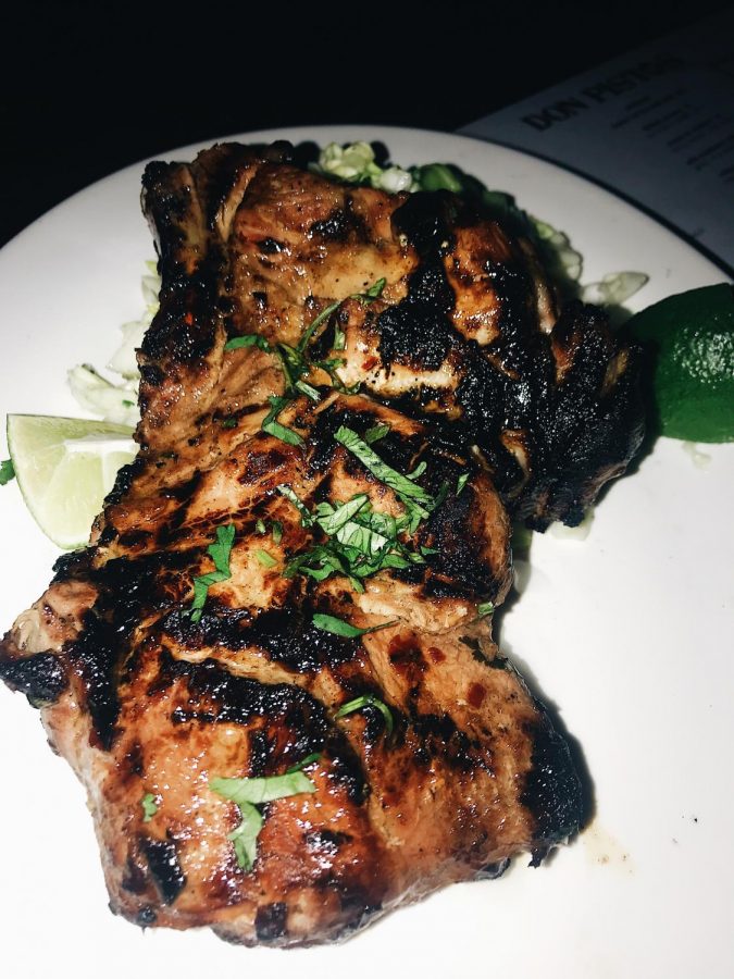 The Pork Chop, served with cucumber salad, is a customer favorite at Don Pistos. Other house specialties include the Puerto Nuevo Lobster and Carne Asada. 