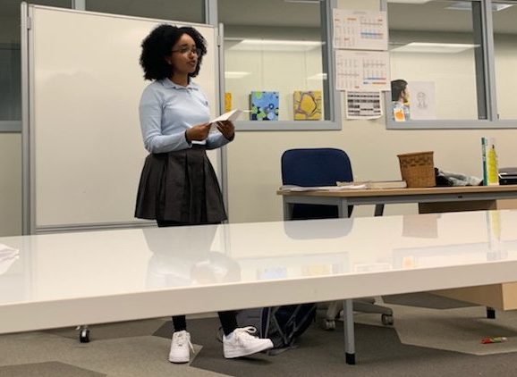 Sophomore Saron Asfaw delivers her speech for junior class representative for the next school year. Voting will take place on Monday.