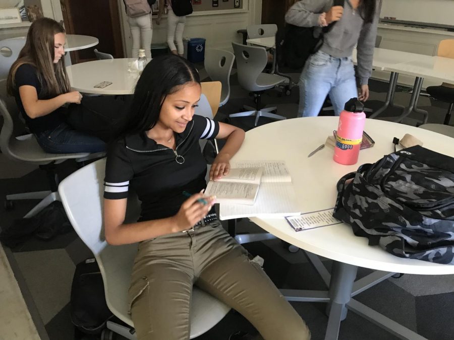 Sophomore Beza Geberesilassie reads over her annotations in her Othello book during class. Students use their annotations as a basis for discussion on the reading that was assigned for a particular class. 