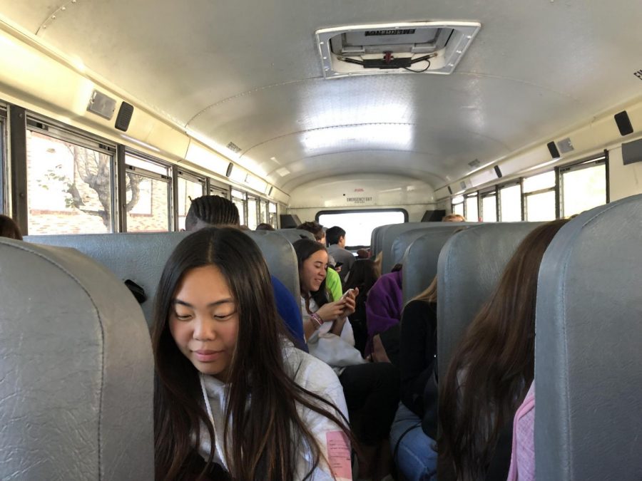 Convent and Stuart Hall students of all four grades ride the bus to their H period class. This was the first bus departing from the Broadway Campus at 1:33 after either late lunch or a G period class.