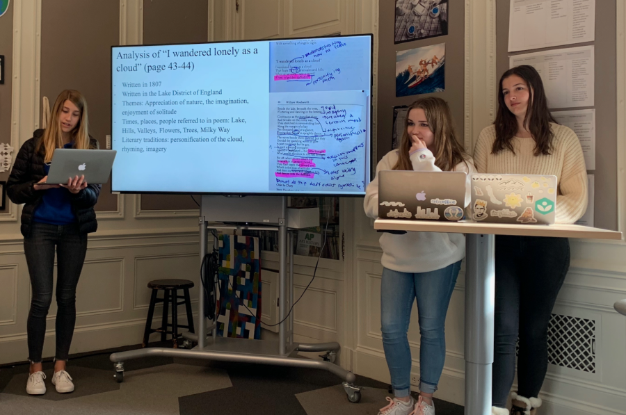 Sophomores Bridget Mills, Sloane Riley, and Cristina Jackson analyze “I wandered lonely as a cloud” in their presentation of the poet William Wordsworth. The students were also asked to research about the poets life including where they lived and important relationships in their life.